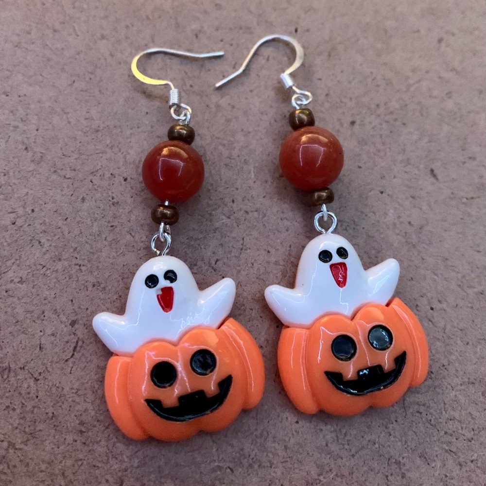 Carnelian Ghost Pumpkin Earrings